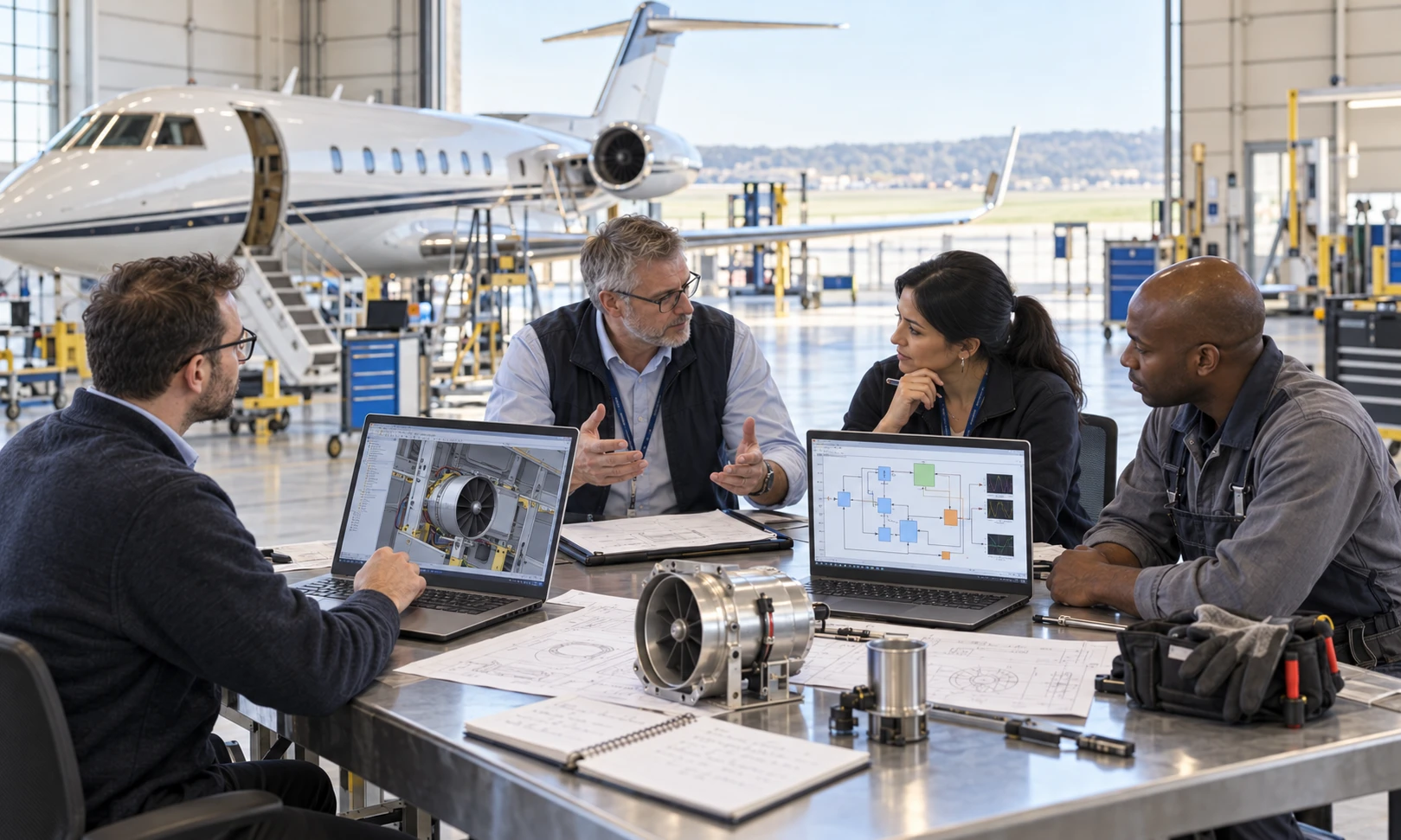 A cross-functional team around a hangar table, reviewing CAD and system diagrams together in front of the aircraft