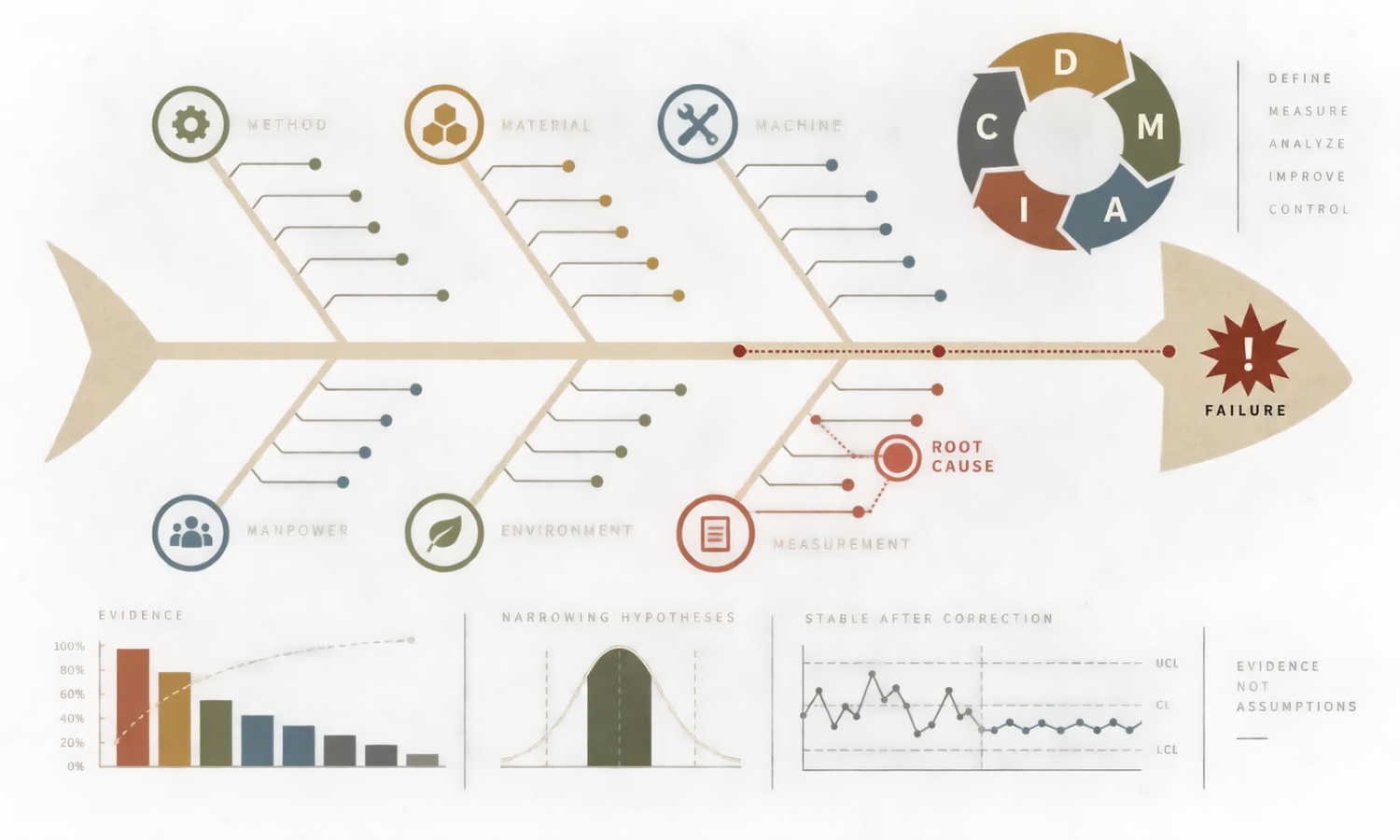Fishbone diagram tracing Method, Material, Machine, Manpower, Environment and Measurement to a root cause and failure, alongside a DMAIC cycle and evidence charts: Pareto, narrowing hypotheses, and a control chart stable after correction