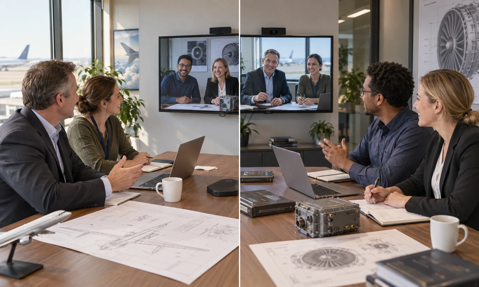 Two engineering teams in a video call, both sides with hardware and drawings on the table, reviewing a supplier programme together